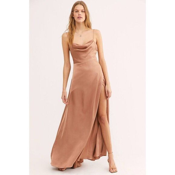 NEW FREE PEOPLE FAME & PARTNERS Sz 4 THE ROSABEL SATIN MAXI DRESS WITH SLIT GOLD - Picture 1 of 4